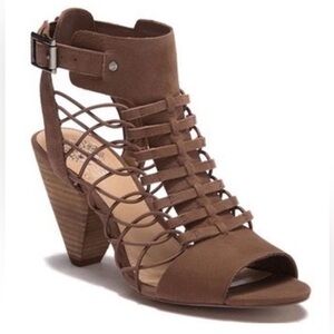 Vince Camuto Evel in “Smokey Taupe”
Leather Caged Gladiator Open Toe Heels, VGUC